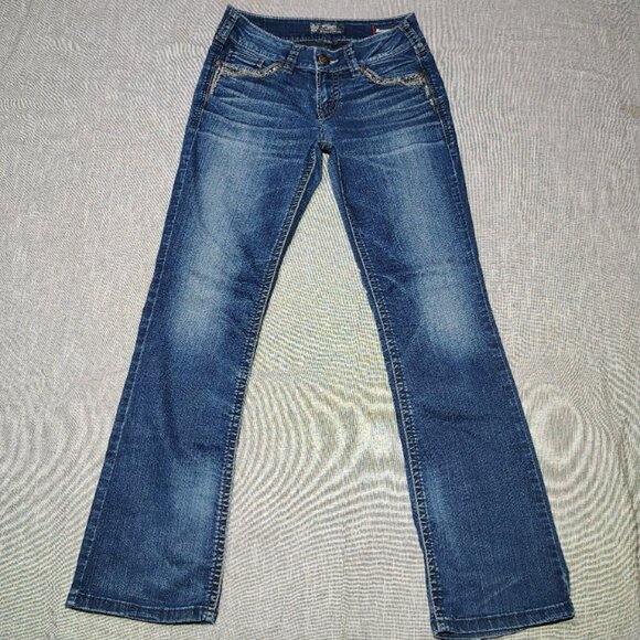 Silver Jeans Women's Size 28x32 Dark Wash Suki Mid Boot Cut Flap Embellished - Picture 1 of 16